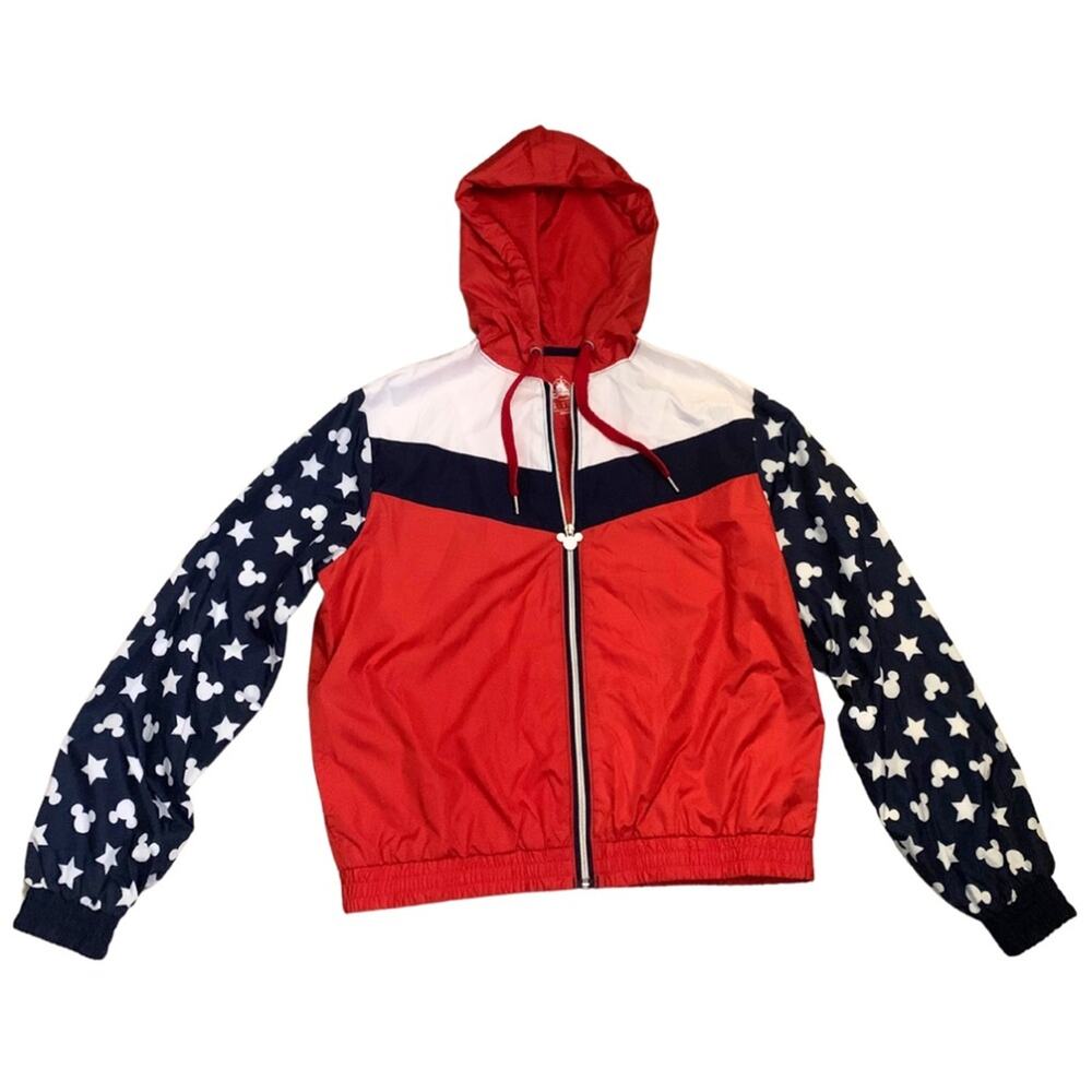 Disney Mickey Mouse Americana Windbreaker Hooded Rain Jacket Red Blue USA 250